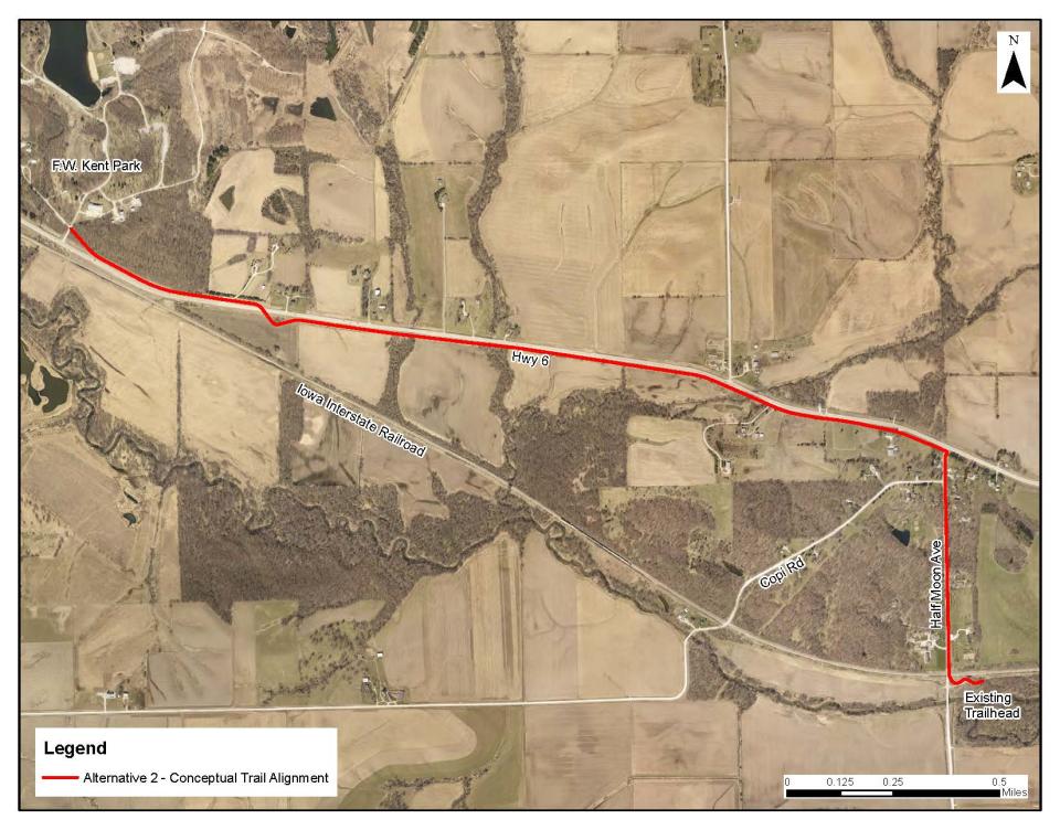 One of Johnson County Conservation's efforts stemming from the 2008 referendum worked to extend the Clear Creek Trail from Half Moon Avenue to F.W. Kent Park to the west of Tiffin. This map from 2022 outlines the proposed route in red that runs approximately 2.7 miles.