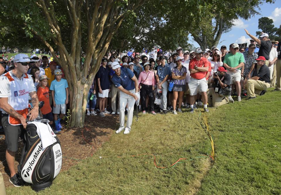 ATLANTA, GA - SEPTEMBER 25: Dustin Johnson plays a shot on the eighth hole during the final round of the TOUR Championship, the final event of the FedExCup Playoffs, at East Lake Golf Club on September 25, 2016 in Atlanta, Georgia. (Photo by Stan Badz/PGA TOUR)