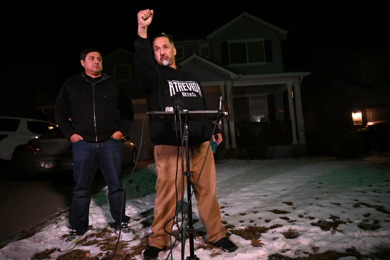 Richard  Fierro, with his brother Ed, left, by his side, describes how he took the shooter down the night of the shooting at Club Q in Colorado Springs in 2022. (Helen H. Richardson / Denver Post via Getty Images file)