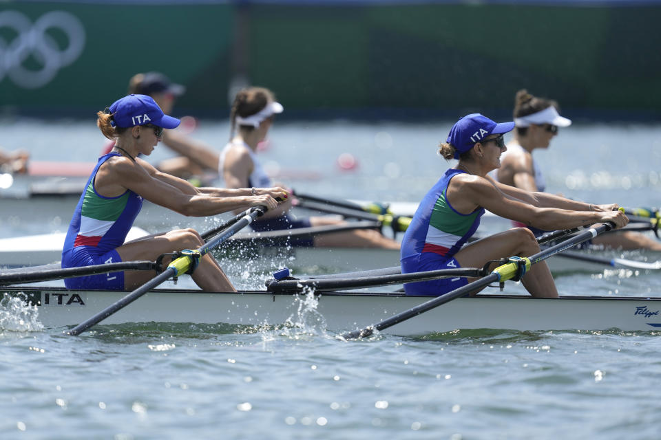 Valentina Rodini and Federica Cesarini of Italy compete in the lightweight women's rowing double sculls final at the 2020 Summer Olympics, Thursday, July 29, 2021, in Tokyo, Japan. (AP Photo/Lee Jin-man)