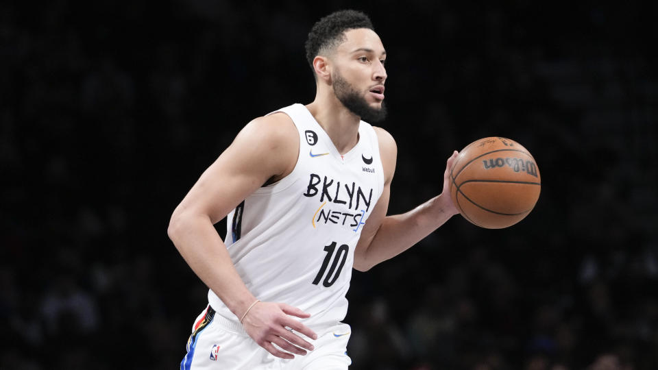 FILE - Brooklyn Nets guard Ben Simmons plays during the first half of an NBA basketball game against the Phoenix Suns, Tuesday, Feb. 7, 2023, in New York. Simmons won't play again this season because of a nerve injury in his back, ending his disappointing first full season with the Brooklyn Nets after just 42 games. Coach Jacque Vaughn said Tuesday, March 28, 2023, a full recovery was expected. (AP Photo/Mary Altaffer, File)