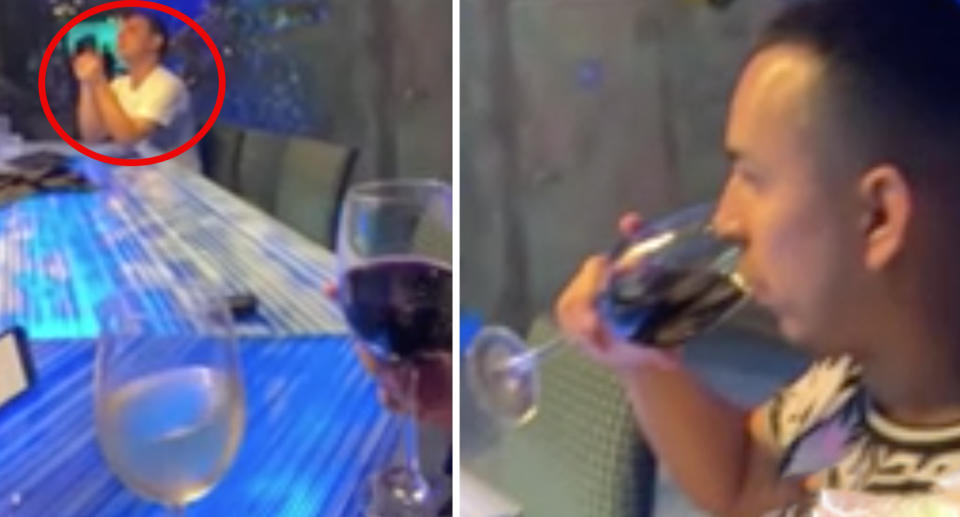 The suspect is seen in the video (left) while Gabriel Vargas takes a drink moment before his death (right). Source: KPRC