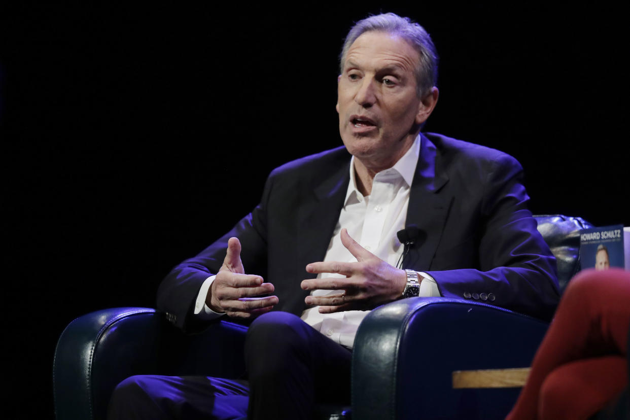 Former Starbucks CEO Howard Schultz speaks Thursday, Jan. 31, 2019, at an event to promote his book, "From the Ground Up," in Seattle. Schultz has faced a rocky reception since he announced earlier in January that he's considering an independent presidential bid. (AP Photo/Ted S. Warren)