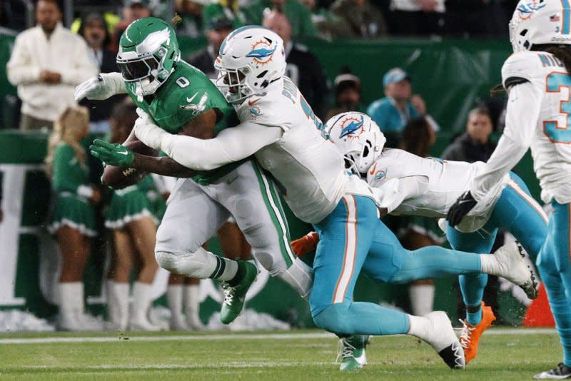 Miami Dolphins linebacker Jaelan Phillips (R) totaled 22 sacks through his first three seasons. File Photo by Laurence Kesterson/UPI