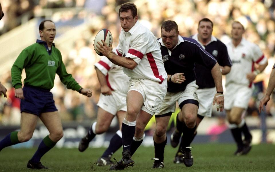 Richard Hill of England charges forward against Scotland in the Calcutta Cup Five Nations match at Twickenham in London.