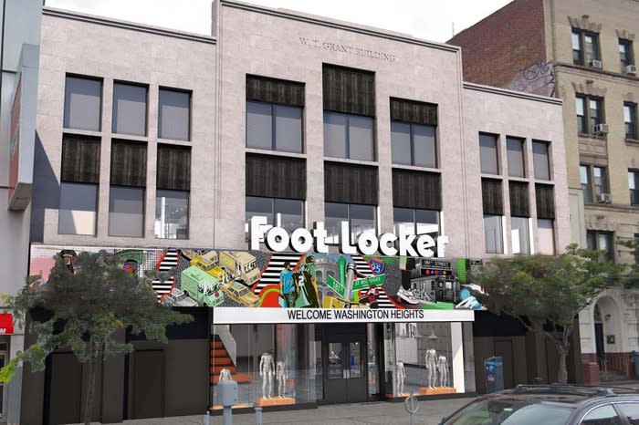 Foot Locker store on ground floor of three-story building as seen from street.