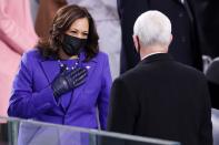 <p>Kamala Harris greets Vice President Mike Pence.</p>