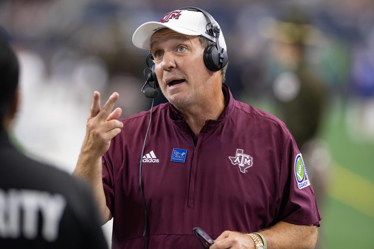 ARLINGTON, TX - SEPTEMBER 25: Texas A&M Aggies head coach Jimbo Fisher is interviewed on the field during the  Southwest Classic college football game between the Texas A&M Aggies and Arkansas Razorbacks on September 25, 2021 at AT&T Stadium in Arlington, TX.  (Photo by Matthew Visinsky/Icon Sportswire via Getty Images)