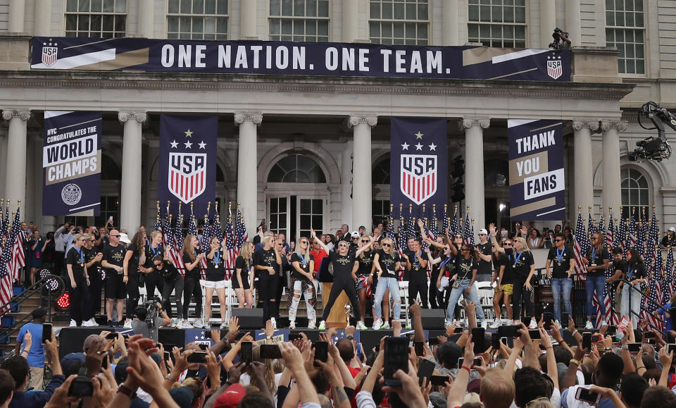 Members of the United States Women's National Soccer Team are honored at a ceremony at City Hall on July 10, 2019 in New York City. The honor followed a ticker tape parade up lower Manhattan's "Canyon of Heroes" to celebrate their gold medal victory in the 2019 Women's World Cup in France. (Photo by Bruce Bennett/Getty Images)