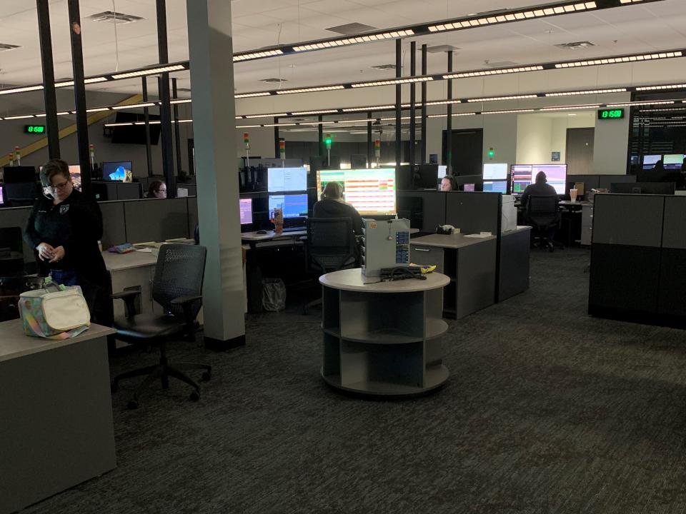 Dispatchers at the Abilene Police Department answer calls from officers on patrol on January 26, 2024.