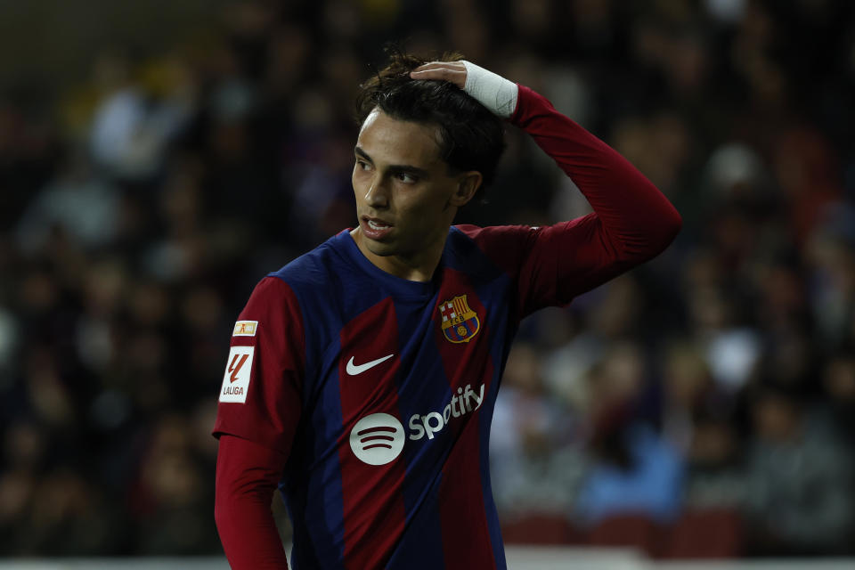 Barcelona's Joao Felix reacts after a missed scoring opportunity during a Spanish La Liga soccer match between Barcelona and Las Palmas at the Olimpic Lluis Companys stadium in Barcelona, Spain, Saturday, March 30, 2024. (AP Photo/Joan Monfort)