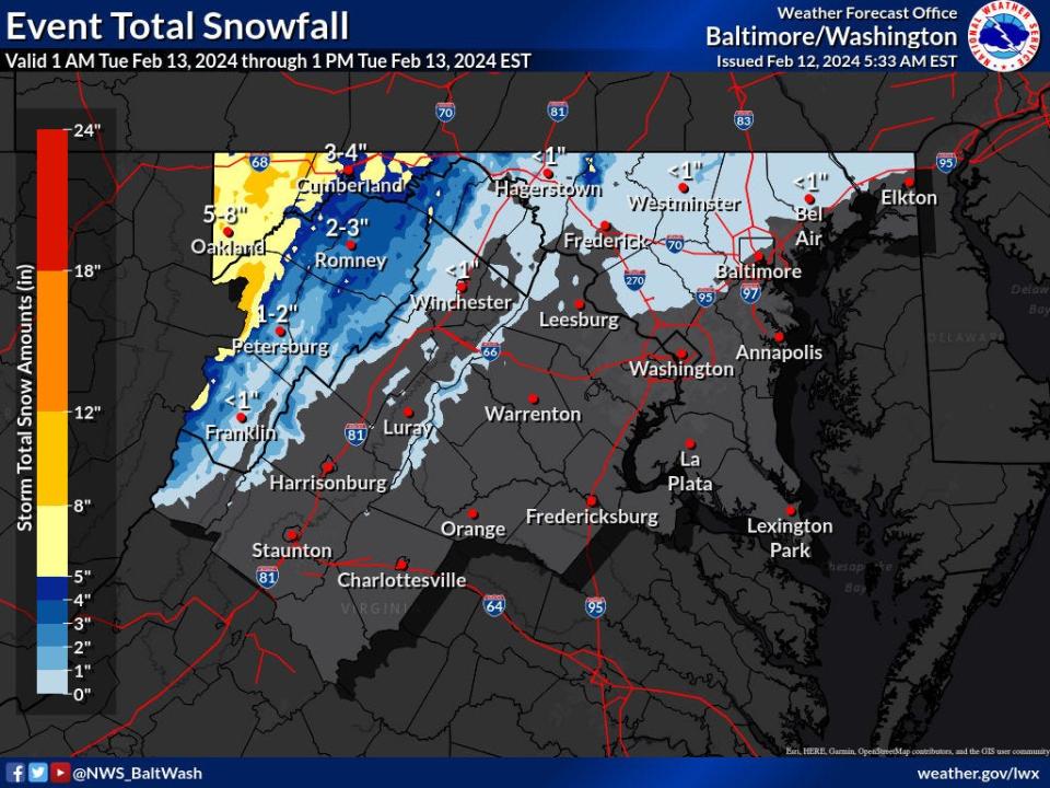 The National Weather Service's forecasted snow totals for Western Maryland for Feb. 13, 2024
