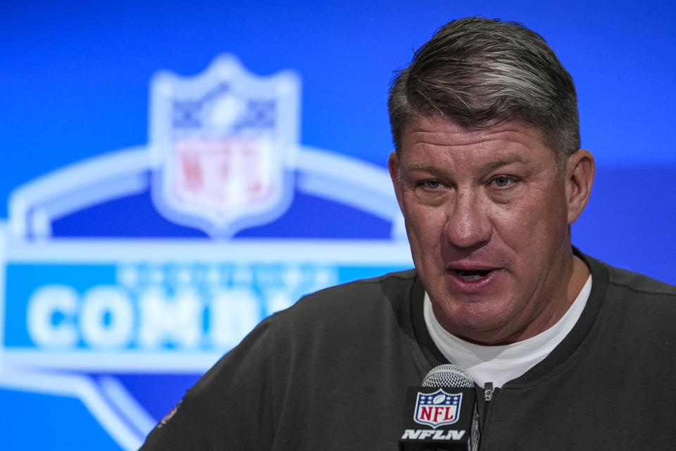 Tampa Bay Buccaneers general manager Jason Licht speaks during a press conference at the NFL football scouting combine in Indianapolis, Tuesday, Feb. 27, 2024. (AP Photo/Michael Conroy)