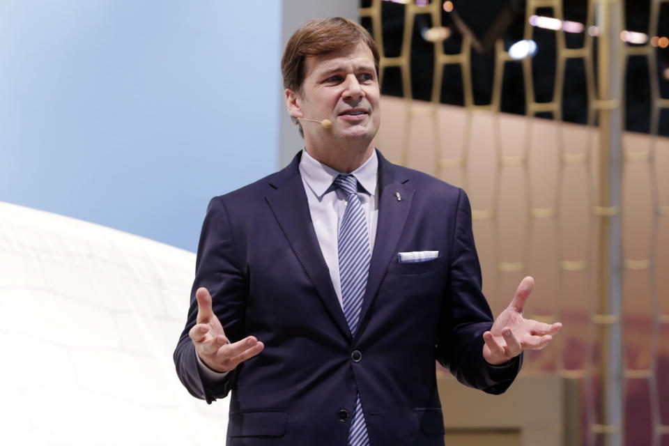 FILE - This March 28, 2018 file photo shows Jim Farley, Jr. during New York International Auto Show. On his first day in Ford’s top job, new CEO, Farley is replacing the company’s chief financial officer and announcing other structural and management changes. The company says in a statement Thursday, Oct. 1, 2020 that Chief Financial Officer Tim Stone is leaving Oct. 15 to be chief operating officer at a small artificial intelligence company. (AP Photo/Richard Drew, File)
