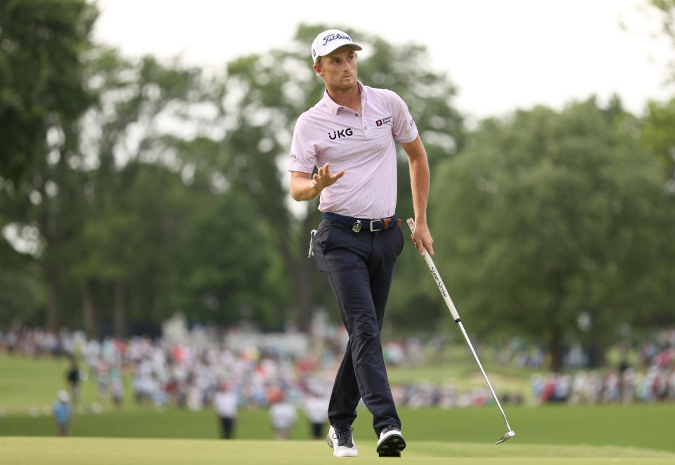 TULSA, OKLAHOMA - MAY 20: Will Zalatoris of the United States reacts on the 17th hole during the second round of the 2022 PGA Championship at Southern Hills Country Club on May 20, 2022 in Tulsa, Oklahoma. (Photo by Ezra Shaw/Getty Images)