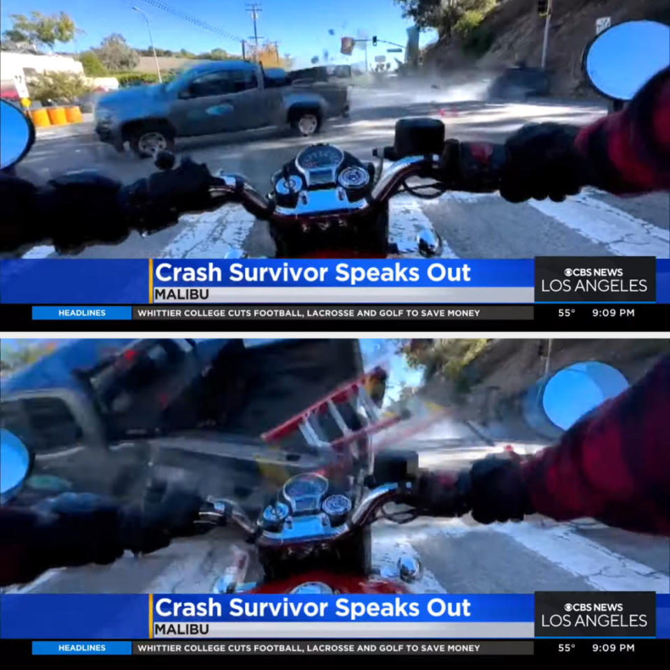 Screenshot of news report showing a car and motorcycle crash with chyron "Crash Survivor Speaks Out"