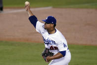 Los Angeles Dodgers relief pitcher Brusdar Graterol throws to an Oakland Athletics batter during the second inning of a baseball game Wednesday, Sept. 23, 2020, in Los Angeles. (AP Photo/Marcio Jose Sanchez)