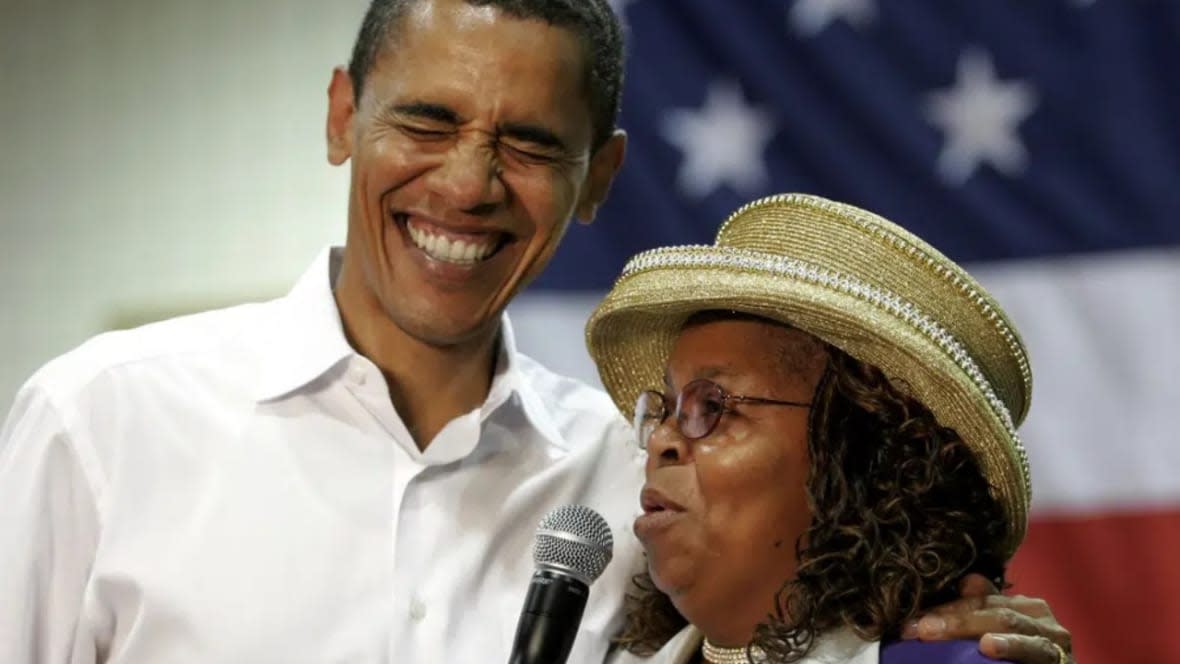 In this 2007 photo, then-Senator Barack Obama (left) laughs with Edith Childs (right), a Greenwood County, South Carolina councilwoman, in Aiken, S.C. Obama is marking the retirement of Childs, who’s credited with popularizing the chant, “Fired up, ready to go!” The chant came to epitomize Obama’s two presidential campaigns, and he says Childs’ energy played a key role in lifting his spirits and his candidacy. (Photo: Brett Flashnick/AP, File)