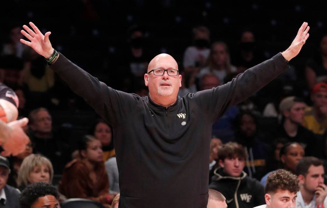 Wake Forest head coach Steve Forbes instructs his players during Boston Colleges 82-77 overtime victory over Wake Forest in the second day of the ACC mens basketball tournament at the Barclays Center in Brooklyn, N.Y., Wednesday, March 9, 2022.