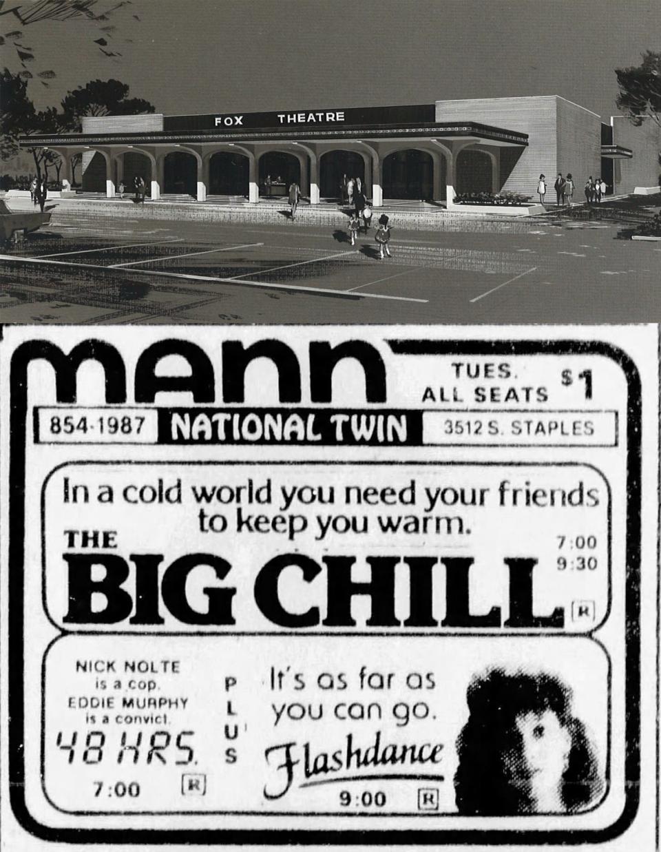 TOP: A rendering of the National Twin Theatre from 1969. The theater, at 3512 S. Staples St, was initially going to be called Fox Theatres, but was renamed before the theater opened in 1970. It permanently closed in 1992. BOTTOM: Mann's National Twin theaters had "The Big Chill" on one screen and a double feature of "48 Hours" and "Flashdance" on the other screen in October 1983.
