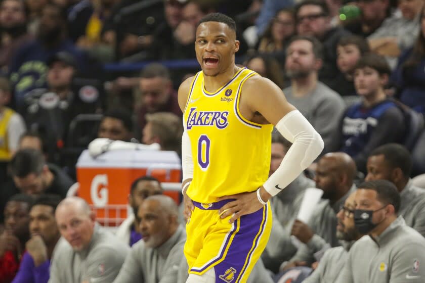 Los Angeles Lakers guard Russell Westbrook yells during an NBA basketball game.