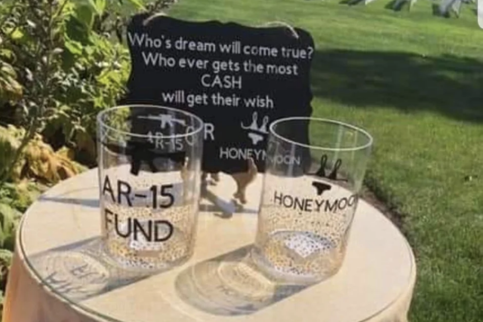 Cups that say "AR-15 FUND" and "HONEYMOON"