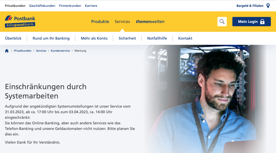 Diese Warnung bekommen Postbank-Kunden aktuell auf dem Online-Banking-Portal (Bild: Yahoo Redaktion)