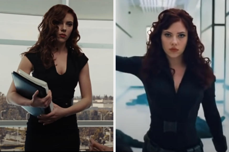 black widow wearing a skin tight suit