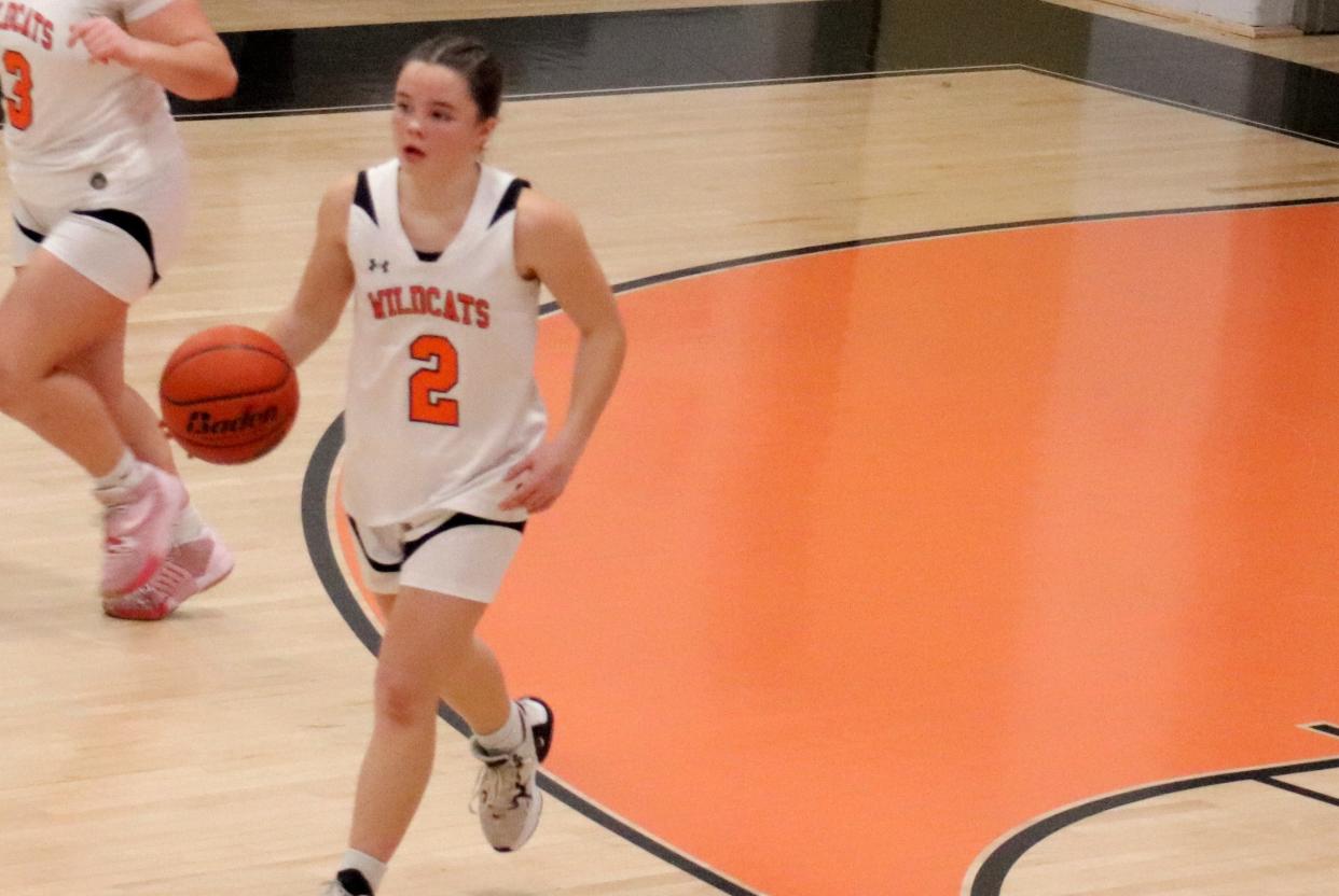 Gardner's Krista Bettez looks to set up the offense. Bettez led the Wildcats with 18 points in their win over South Lancaster Academy on February 26, 2024.