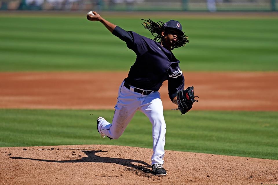 Detroit Tigers starting pitcher Jose Urena delivers a pitch in the 1st inning against the Toronto Blue Jays at Publix Field at Joker Marchant Stadium, March 7, 2021 in Lakeland, Fla.