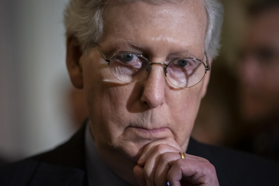 Senate Majority Leader Mitch McConnell, R-Ky., pauses as he speaks to reporters following a weekly GOP policy conference, at the Capitol in Washington, Tuesday, June 11, 2019. (AP Photo/J. Scott Applewhite)