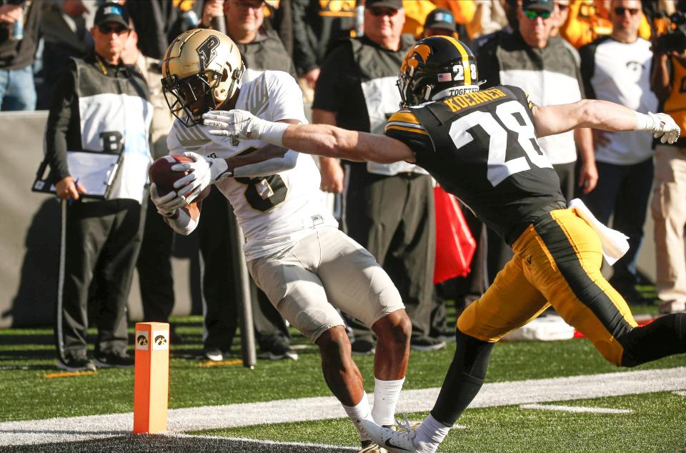 Purdue wide receiver TJ Sheffield scores touchdown during the second quarter against Iowa at Kinnick Stadium in Iowa City.