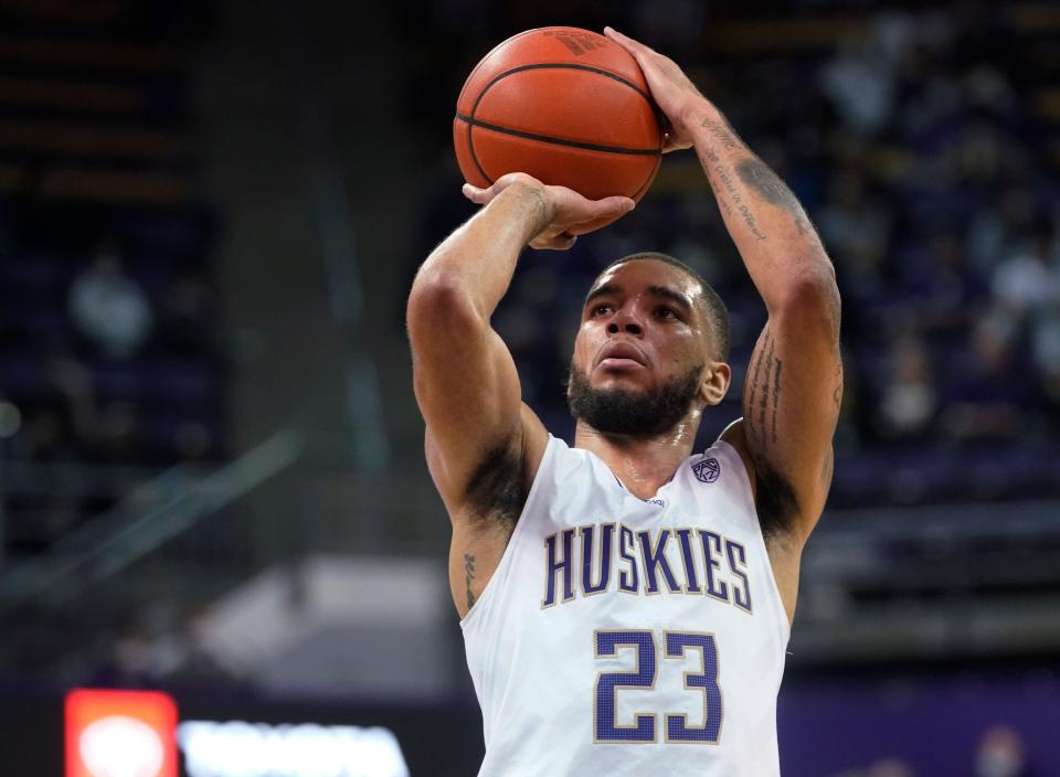 Washington guard Terrell Brown Jr. shoots a free throw against Oregon during the second half of an NCAA college basketball game, Thursday, March 3, 2022, in Seattle. Washington won 78-67. (AP Photo/Ted S. Warren)