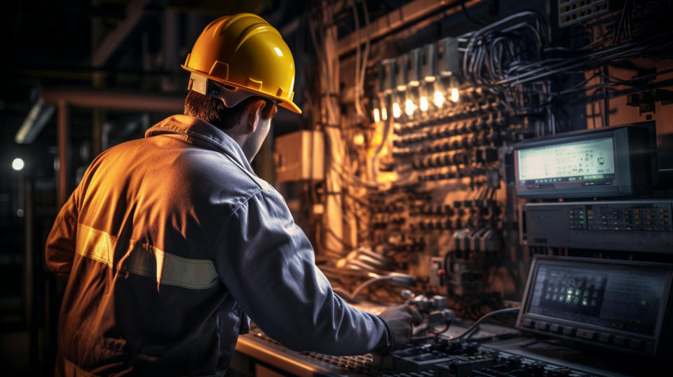 A technician in a hard hat using an industrial machine to construct a power grid segment.