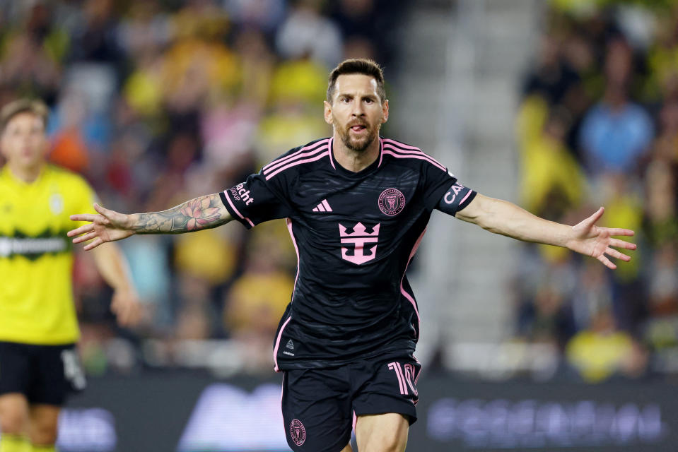 Oct 2, 2024; Columbus, Ohio, USA; Inter Miami CF forward Lionel Messi (10) celebrates after scoring a goal against the Columbus Crew during the first half at Lower.com Field. Mandatory Credit: Joseph Maiorana-Imagn Images