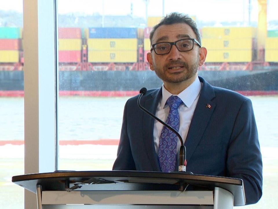 Transport Minister Omar Alghabra announced $7 million for the Harbour Bridge renovation, and $2.8 million to expand Canadian Border Services Agency operations in the Port of Saint John. (Roger Cosman/CBC - image credit)