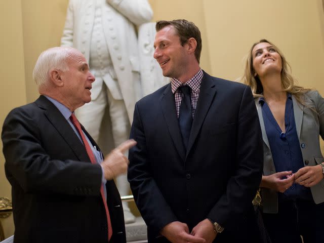 <p>Tom Williams/CQ Roll Call</p> Max Scherzer and Erica May-Scherzer with Sen. John McCain in the Capitol on May 24, 2016.