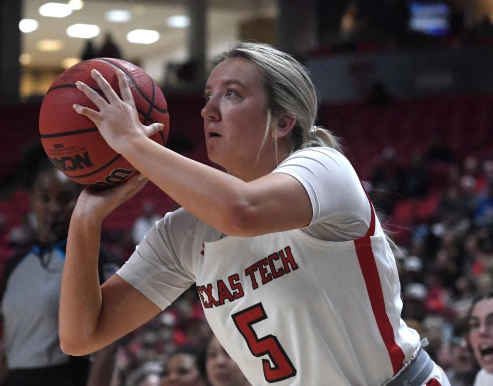 Texas Tech's guard Rhyle McKinney (5) prepares to shoot the ball against SMU in the second round of the Women's National Invitational basketball tournament, Monday, March 20, 2023, at United Supermarkets Arena.