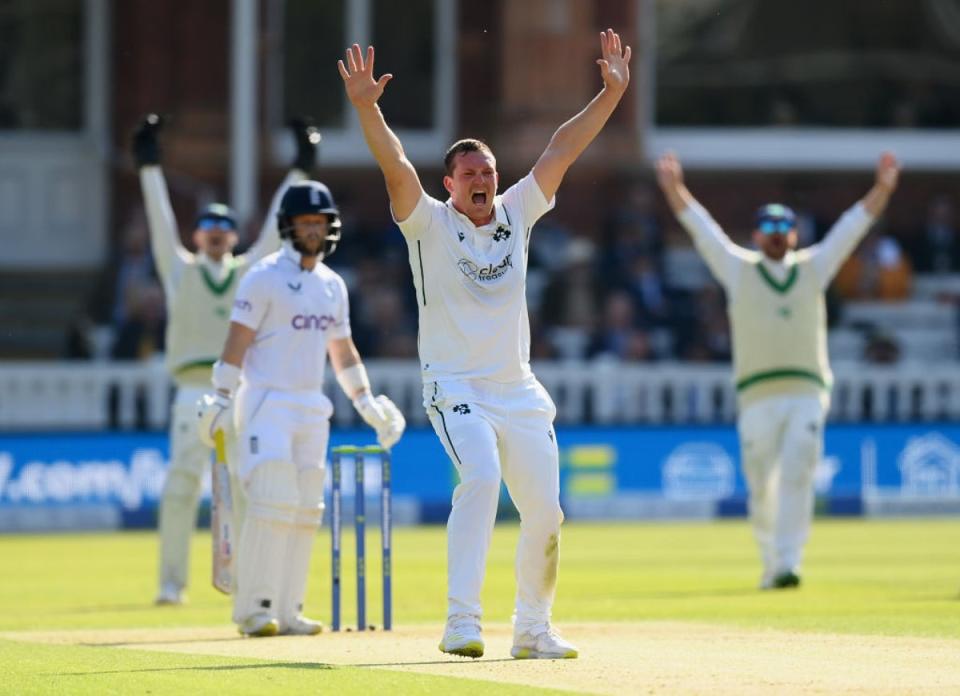 Graham Hume of Ireland appeals unsuccessfully for the wicket of Ben Duckett of England (Getty Images)