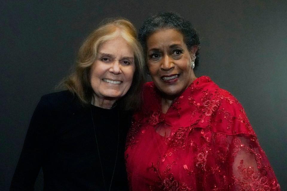 Myrlie Evers-Williams, civil rights leader and widow of slain civil rights icon Medgar Evers, right, greets social activist, writer and editor Gloria Steinem at The Medgar and Myrlie Evers Institute Courage and Justice Gala, commemorating the 60th anniversary of the 1963 assassination of Medgar Evers on Friday in Jackson.