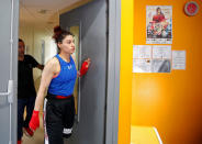 Iranian boxer Sadaf Khadem arrives with Mahyar Monshipour, a former Iranian-born super bantamweight world champion, to attend a training session in preparation to her first official boxing bout in Royan, France, April 11, 2019. REUTERS/Regis Duvignau