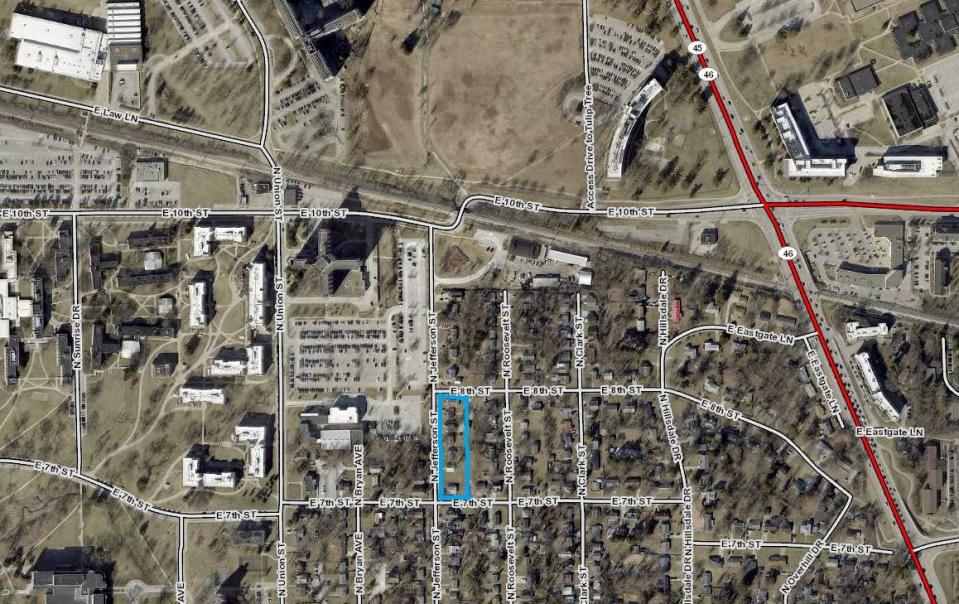 Five homes on the east side of Jefferson Street may get approval for demolition Thursday. The affected homes are in the rectangle in blue.