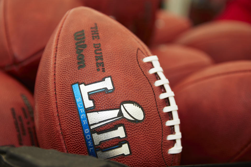 Official balls for the NFL Super Bowl LII football game are seen at the Wilson Sporting Goods Co. in Ada, Ohio. The New England Patriots will play the Philadelphia Eagles in the Super Bowl on Feb. 4, in Minneapolis, MN. (AP)