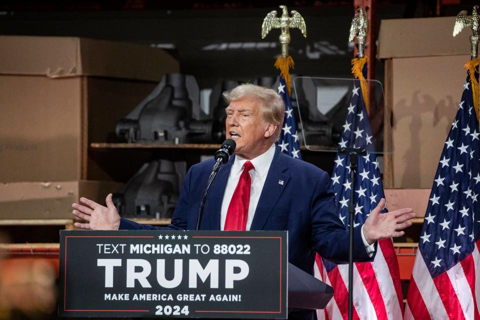 Former President Donald Trump speaks at Drake Enterprise in Clinton Township on Wednesday, Sept. 27, 2023.