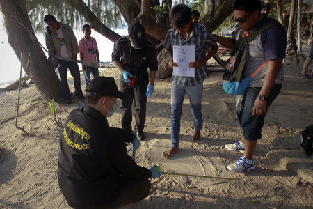 Police measure the foot of a man as data is collected from people who work near the spot where the bodies of two killed British tourists were found, on the island of Koh Tao September 19, 2014. REUTERS/Chaiwat Subprasom