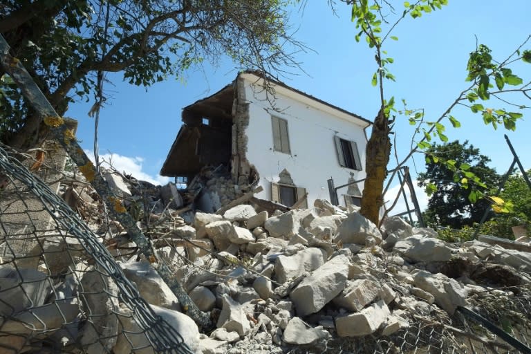 Rubble and debris of a destroyed house pictured in the damaged village of Saletta, central Italy, on August 26, 2016, three days after a 6.2-magnitude earthquake struck the region