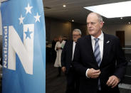 FILE - In this July 9, 2020 file photo, leader of New Zealand's opposition National Party, Todd Muller, addresses the media in Christchurch, New Zealand. Muller has quit citing health reasons just over two months from a general election and 53 days after taking charge in a leadership coup amid the party's stagnant poll numbers. (AP Photo/Mark Baker)