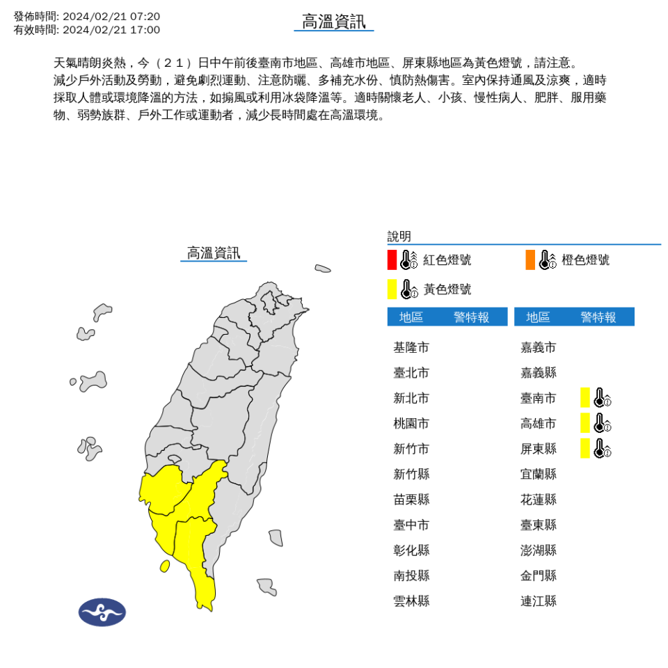 2/21 高溫資訊。中央氣象署