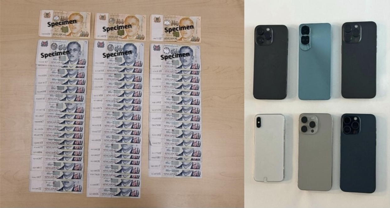 Cash and mobile phones seized from two Malaysian men who allegedly committed transnational credit card fraud (Photos: SPF)