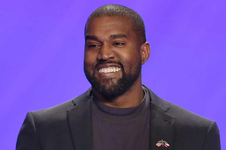 FILE - In this Nov. 17, 2019, file photo, Kanye West appears on stage during a service at Lakewood Church in Houston. West turns 45 on June 8. (AP Photo/Michael Wyke, File)